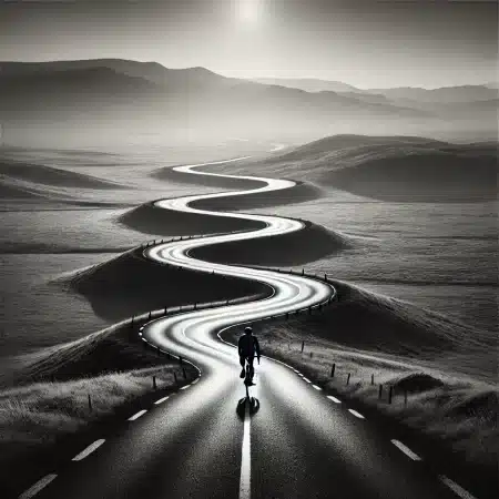 dalle 2024 11 14 130628 a lone cyclist riding on an endless winding road that disappears into the horizon the image is in black and white symbolizing embracing the journey