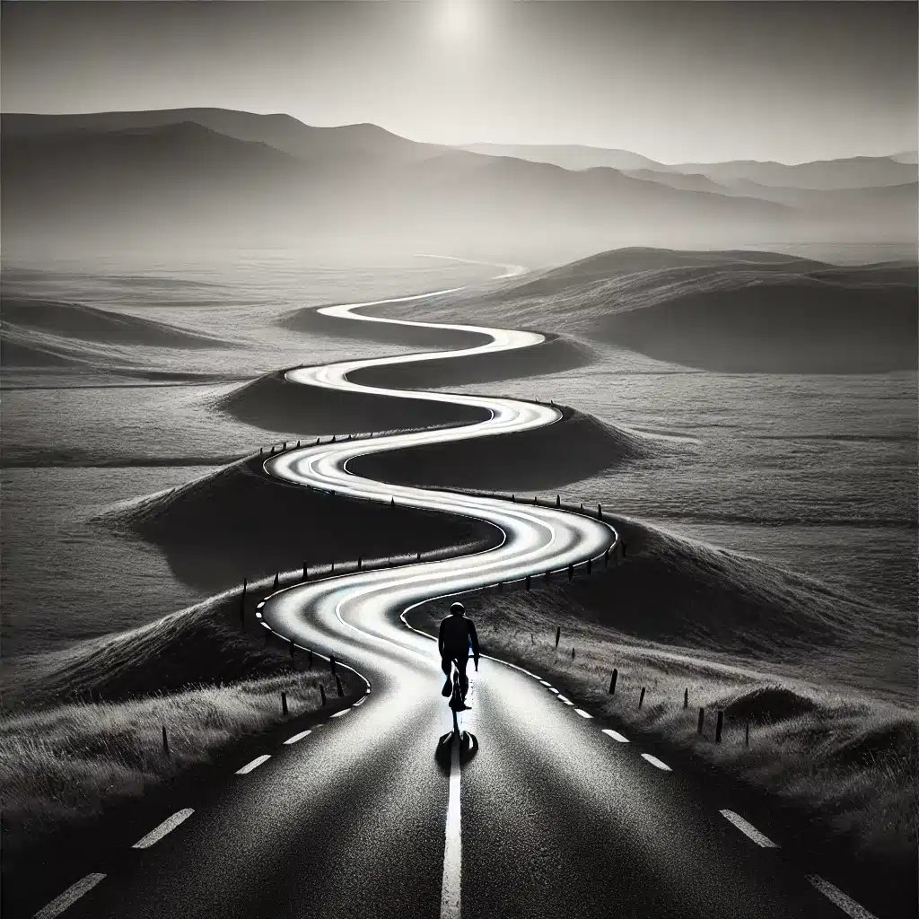 dalle 2024 11 14 130628 a lone cyclist riding on an endless winding road that disappears into the horizon the image is in black and white symbolizing embracing the journey